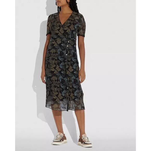Coach Printed Long Chiffon V Neck Dress Silk Midi Short Sleeve Womens 0 Party - Picture 1 of 7